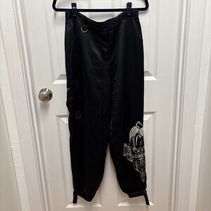 Woman's Silkland Black Cargo Slip knot Tie Pants With Embroidered Crane - Size 8